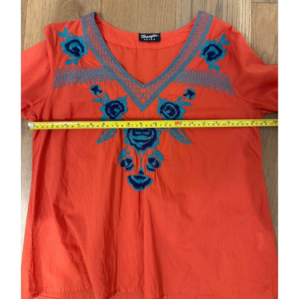 Wrangler Retro Orange and Blue‎ Embroidered Bell Sleeve Blouse Top S Western - Picture 7 of 8